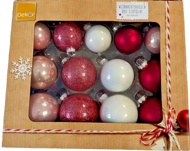 Decoración bolas de Navidad adornos de árboles de vidrio auténtico 26 unidades/3 tallas rosa/baya/blanco