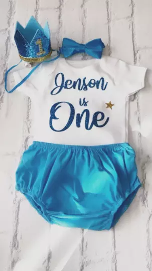 Personalised Baby Boys First Birthday Outfit Cake Smash Set Bright Blue Glitter