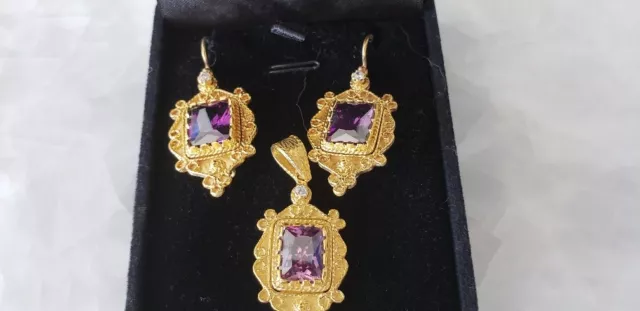 Amethyst Byzantine 925 Sterling Silver 22K Gold Plated Greek Pendant & Earrings