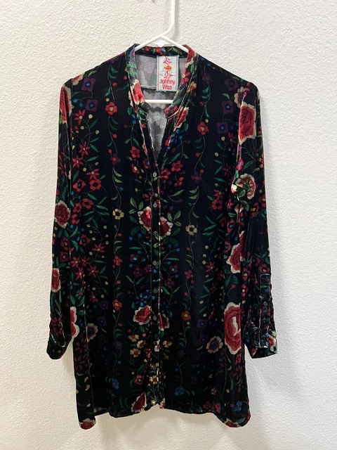 Johnny Was 100% Silk Habotai Oversized Blouse Floral Print Black Size M