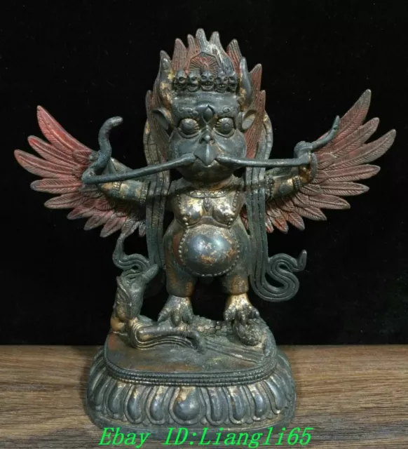 8,6" alte Tibet Bronze Malerei Redpoll Winged Garuda Bird Eagle Buddha Statue