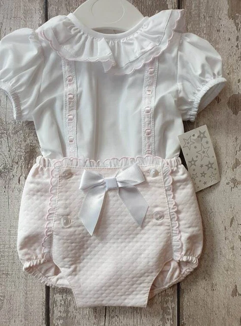 Spanish Style Baby Girl Pink and White Slotted Ribbon Romper / Jam Pants & Top.