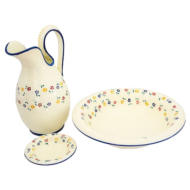 Tris set di ceramiche Avana dipinte a mano Deruta per lavabi antichi in ferro