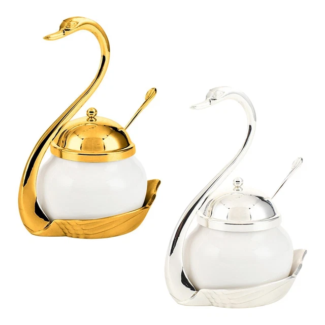 Pots à Épices Assaisonnement Box Set Ensemble De Récipients À Condiments En Forme De Cygne, Avec Couvercle, Cuillère, Sucrier En Métal Et Céramique, Coffret D'assaisonnement, Pot À Condiments De Cuisi