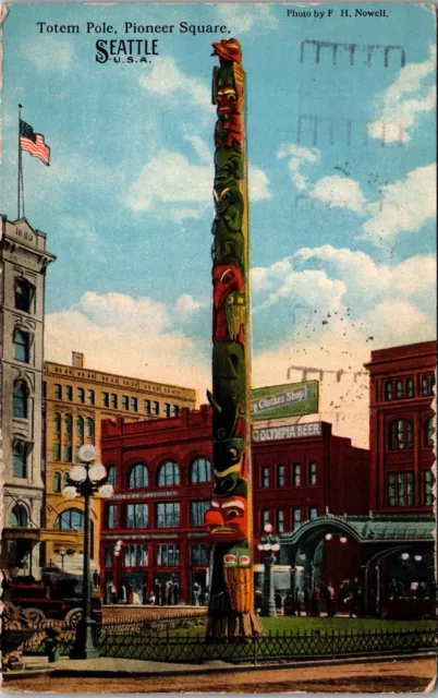 1910 Postcard " Totem Pole, Pioneer Square Seattle Wa " Storefronts Ja17