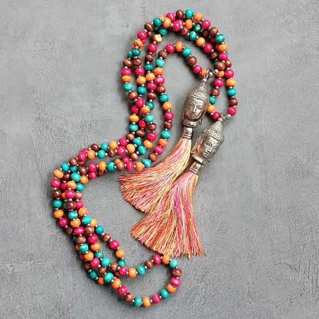 Ibiza Kette lang Buddha rosa Quaste Holz bunt Lagenlook Tunika Schmuck Boho