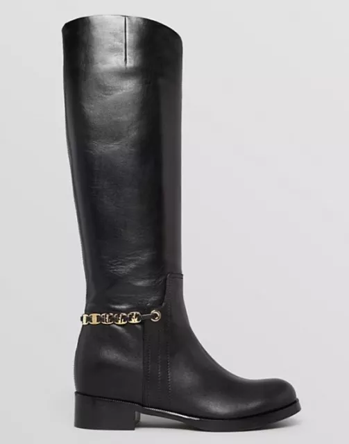 Salvatore Ferragamo Nando Chain Trimmed Flat Leather Riding Boot Black Size 8 M 2