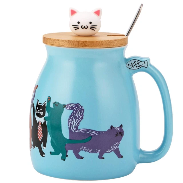 Cute Cat Ceramic Cup - 420ML Cat Pattern Coffee Cup with Spoon