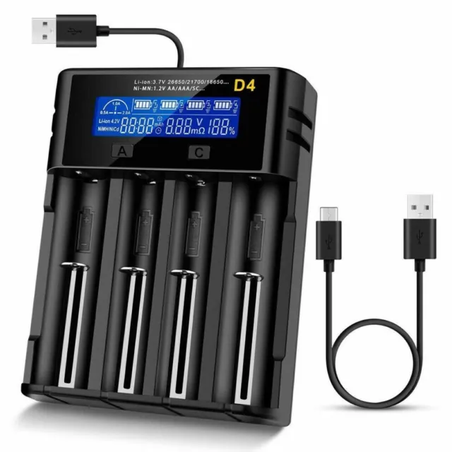 4 Slots LCD Akku Ladegerät USB Charger für 21700 AA AAA Lithium Nimh Batterie