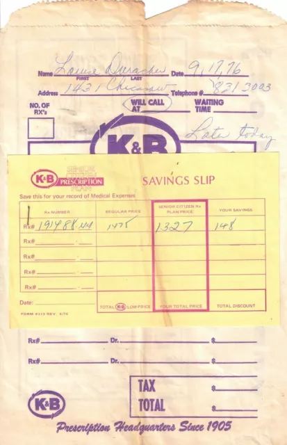 Vintage K&B Drug Store Paper Bag Senior Citizen RX Plan - New Orleans Pharmacy