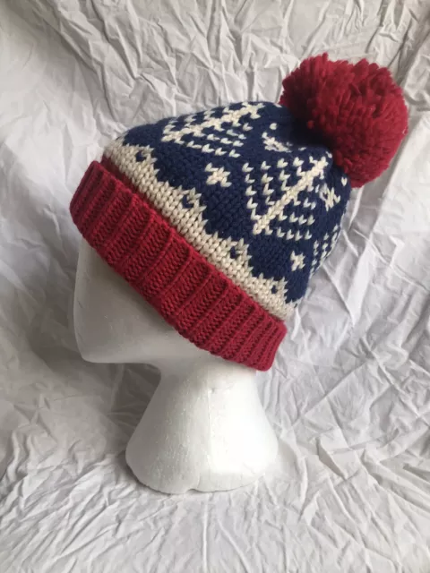 Louche Red, Blue & White Fairisle Knit Acrylic Beanie hat W Pom-Pom New No Tags