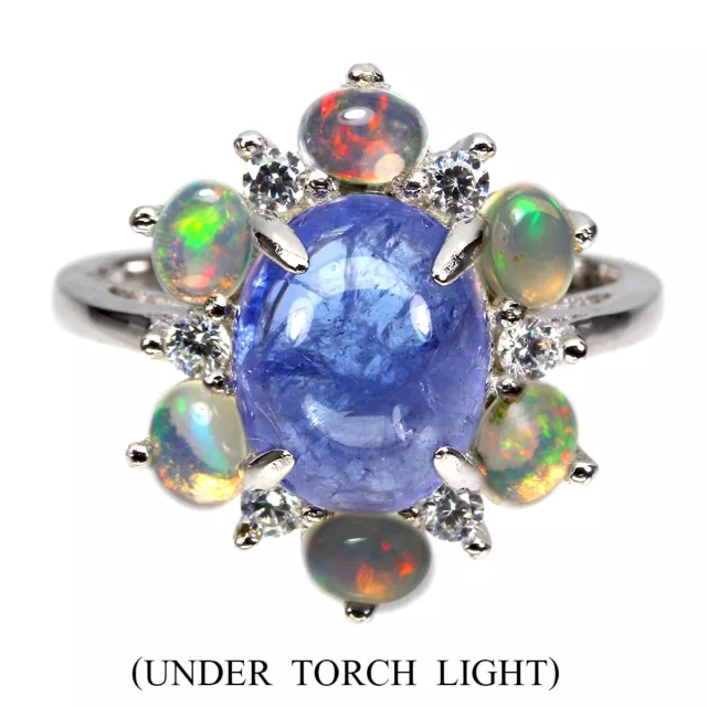 Unheated Oval Blue Tanzanite 10x8mm Fire Opal Cz 925 Sterling Silver Ring