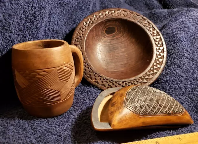 Vtg AFRICAN ART Hand-carved FIGURAL TRINKET BOX Wooden TRIBAL CUP DISH LOT Wood