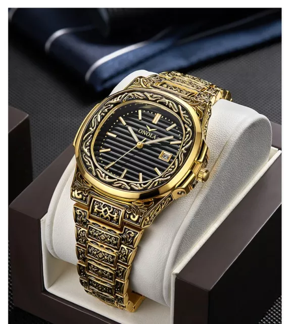 Fashion quartz watch men Brand ONOLA luxury Retro golden stainless steel watch 2