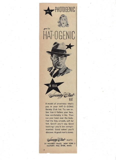 1948 Society Club Hats Print Ad Hat-ogenic Men's Fashion ~Fb117