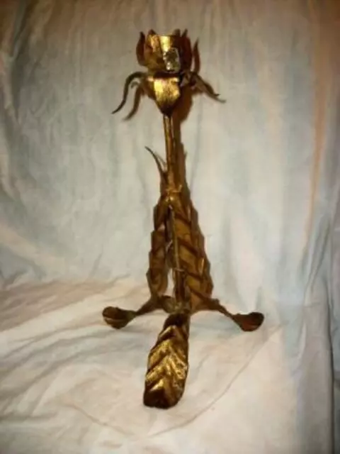 Italian Tole Gilt Candle Holder Iron Leaves Tall Mid Century Can Be Wired Italy