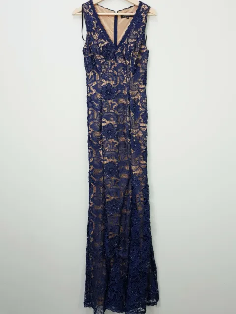 J'ADORE Womens Size 8 Blue Lace Maxi Cocktail Evening Embellished Prom Dress
