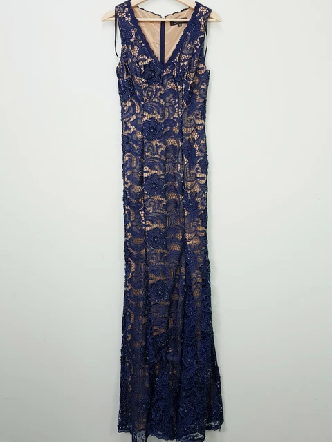 J'ADORE Womens Size 8 Blue Lace Maxi Cocktail Evening Embellished Prom Dress