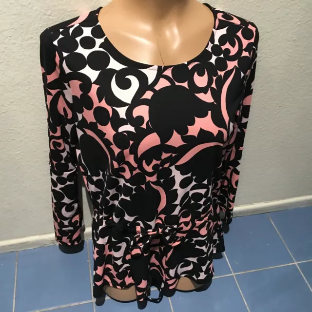 Ann Taylor Black Pink Print Long Sleeve Tunic Shirt w/ Waist Tie - Womens M  NEW