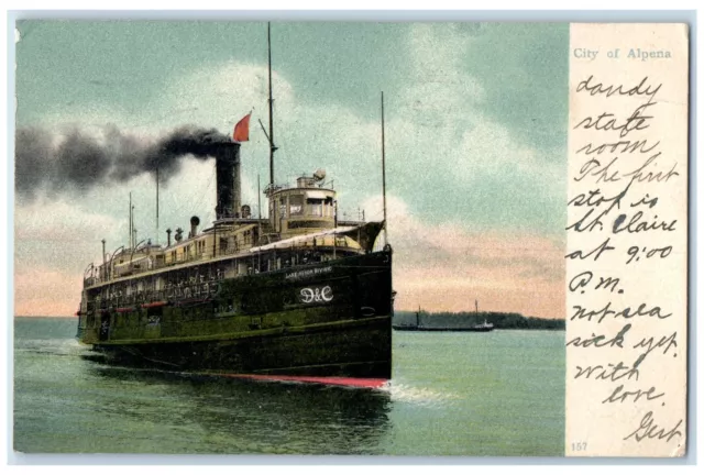1907 Steamer City Of Alpena People On Board View Port Huron Michigan MI Postcard