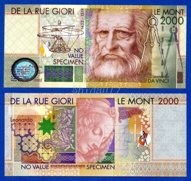 De La Rue Giori Leonardo Da Vinci 2000 Without Serial # Specimen Test Note Unc