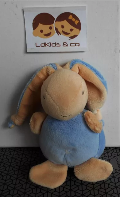 DOUDOU PELUCHE AJENA LAPIN BOULE BEIGE BLEU GRELOTS 15cm  - D1159
