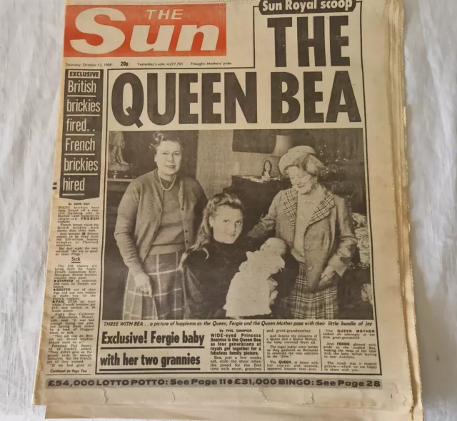 1988 The Sun Newspaper Sarah Ferguson Beatrice Queen Elizabeth & Mother