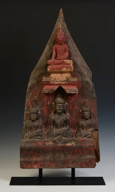 16th Century, Shan, Antique Burmese Wood Carving Panel with A Set of Buddhas