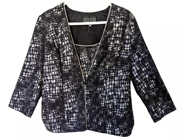 Alex Evenings M Black Silver Snake Croc Print Cardigan and Shell Top