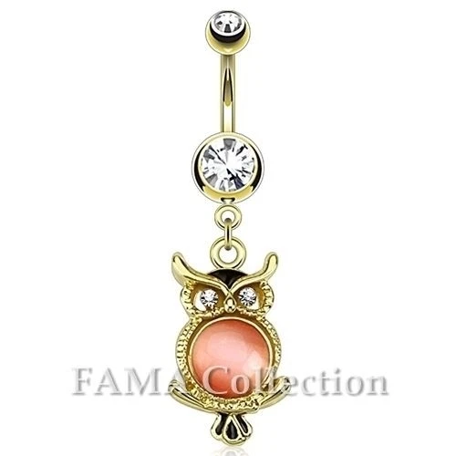 FAMA Cat's Eye Gemmed Owl Dangle 14kt Gold Plated Navel Belly Ring