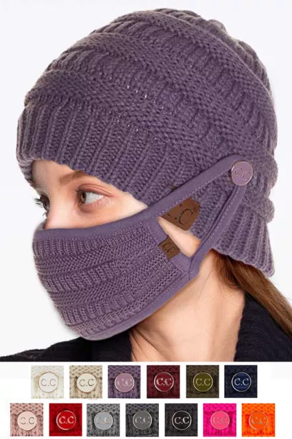 C.C Exclusive Women Ribbed Knit Solid Color Beanie Hat with Button for Mask