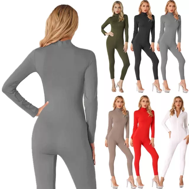 WOMENS ONE PIECE Sport Bodycon Bodysuit Solid Color Stretchy Full Body ...