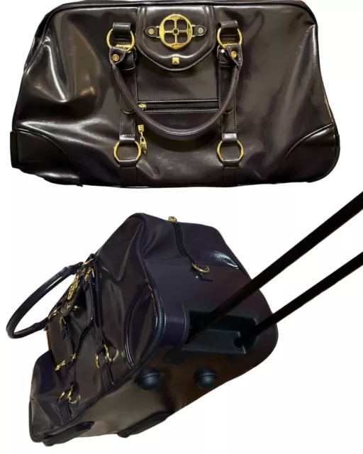 IMAN Brown Patent Leather Rolling Travel Duffle Bag w/ Extendable Handle
