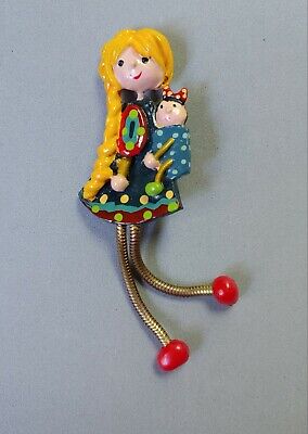 Brooch SIGNED Plastic Vintage Figural Artisan Art Pin Molded Handmade Dangle Leg