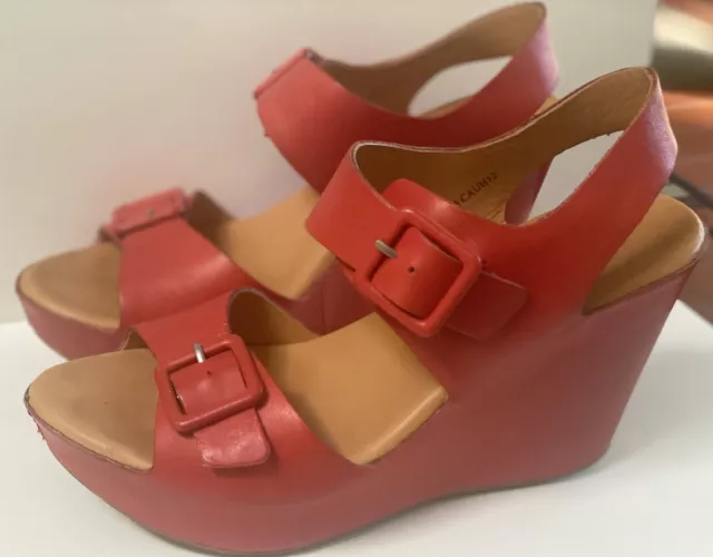 Kork-Ease Susie Hot Red Leather Wedge Strappy Sandals Women’s US Size 6/ EU 36.5