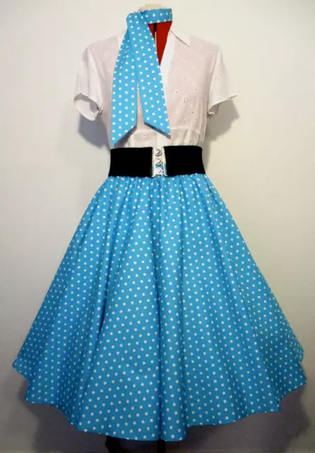 Rock N Roll Skirt & Scarf~ Aqua Blue & Small White Spots Cotton~  Sz Lge/Xlge