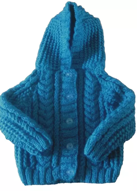 HAND KNITTED EMERALD GREEN CHUNKY ARAN HOODED CARDIGAN. AGE 0-3m.