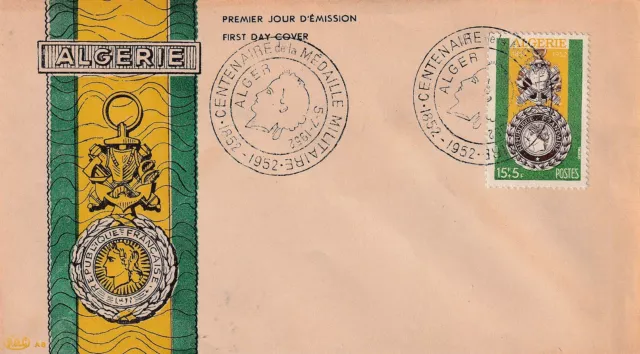 Enveloppe Philatélie 1er jour 1952 Algérie Centenaire de la Médaille Militaire