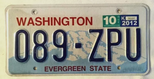 WASHINGTON License Plate, "Evergreen State"- Expired- 10/2012 Sticker- 089-ZPU