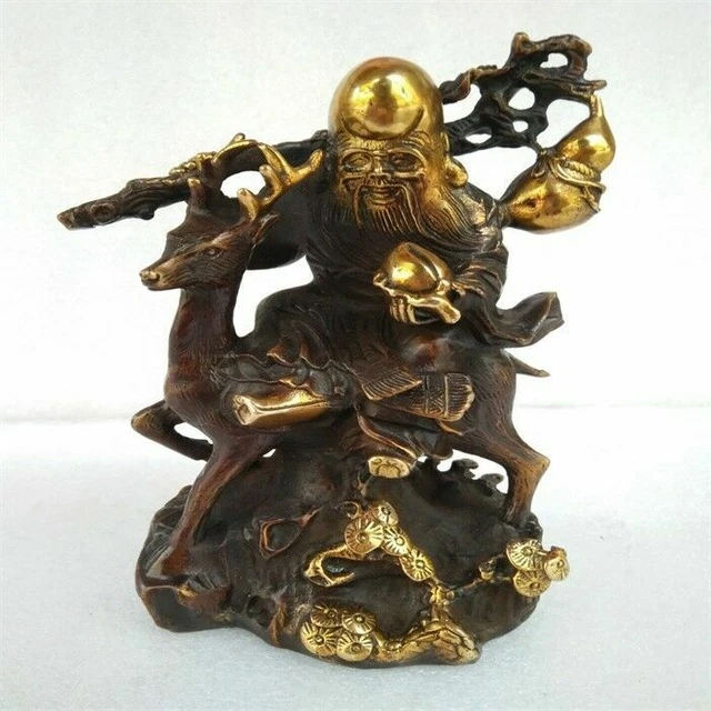 Chinese Antique Brass gold-plated longevity elderly rider deer brings good luck
