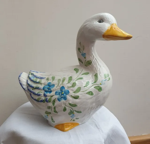 Handpainted Floral Decorated Pottery Duck Blue White Yellow