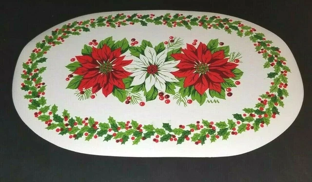 Vintage Vinyl Poinsettia Placemat Set of 2 Vinyl Holly Placemat Set 17" x 11"