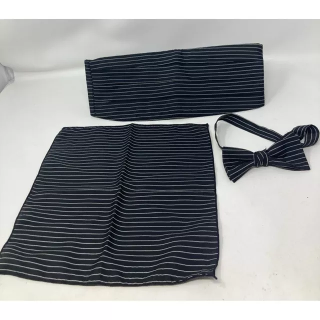 Vintage Black & White Striped Cummerbund Bow Tie Pocket Square Set