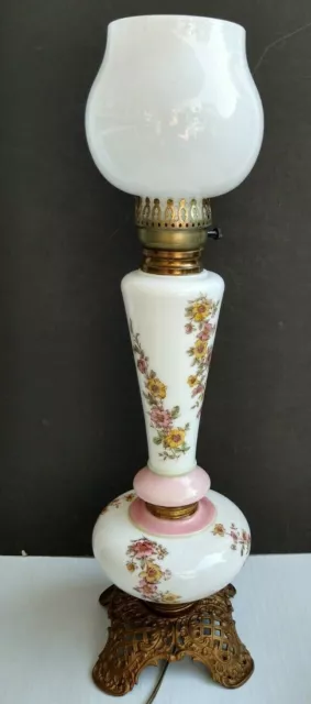 Vintage 3 Tier Parlor Table Lamp Floral Design Milk Glass Shade Crest Co (?) 26"