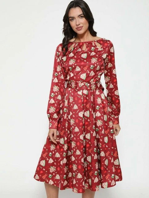 LINDY BOP 'LAUREL' Red Christmas Baking Vintage Kitsch Midi Shirt