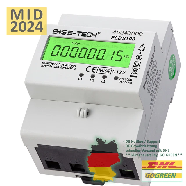 GEEICHTER DREHSTROMZÄHLER FÜR Hutschiene MID 2024, 3x230/400V, 100A, S0