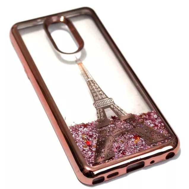 For LG Stylo 4 Rose Gold Paris Eiffel Tower Pink Glitter Stars Liquid Case Cover