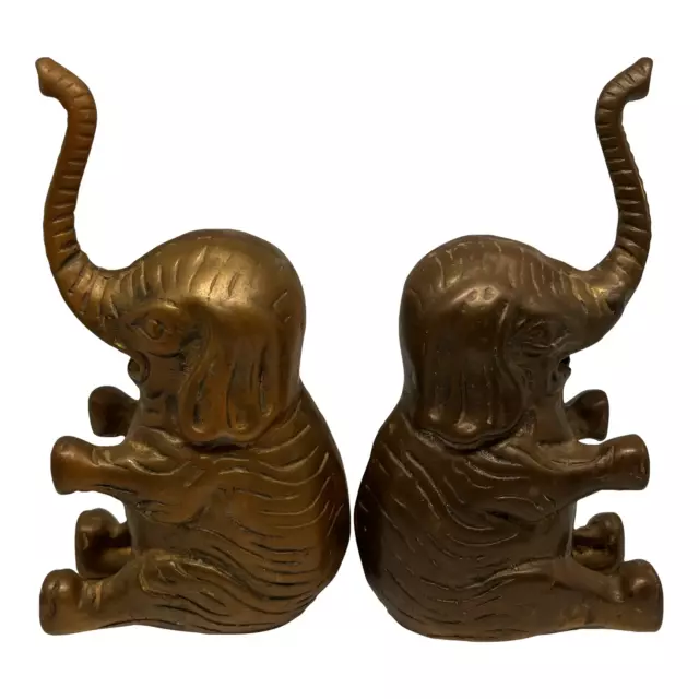 Vintage 1960s Cast Brass Elephant Sculpture Book Ends Paper Weights - a Pair