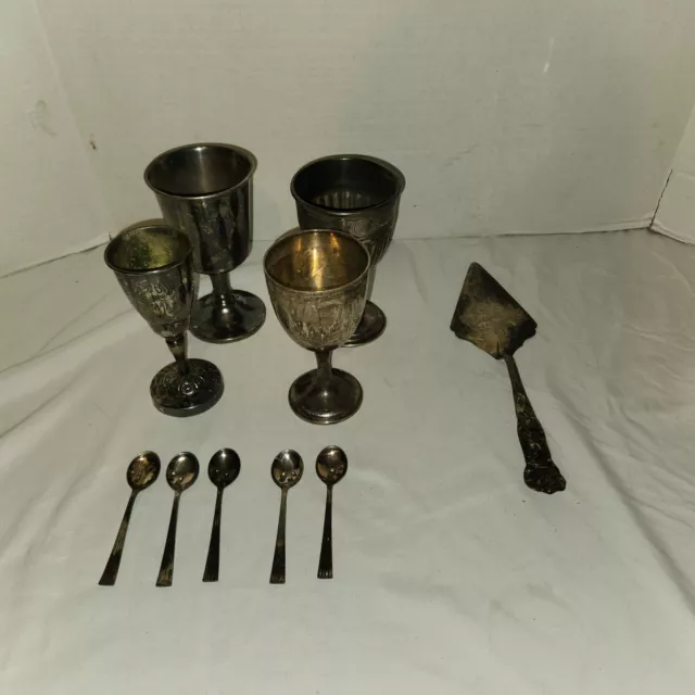10 Pieces Silverplate  Tableware, Goblets, Demitasse Spoons, Pie Server