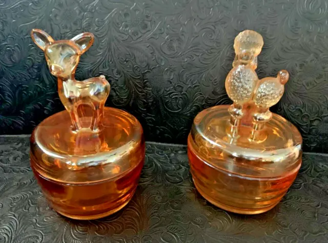 Vintage Jeannette Marigold Carnival Glass Poodle /Deer Powder Jars (2)